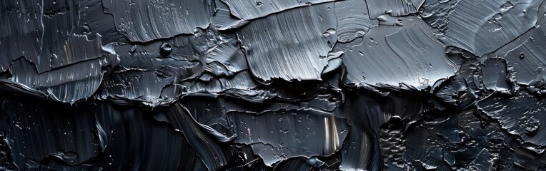Abstract Black Painting Texture with Oil Brushstroke on Canvas - Closeup Artwork with Rough Pallet...