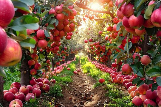 Sunlit Apple Orchard Pathway - Vibrant Nature Photography, Fresh Produce Harvest Concept, Ideal for Organic Food Markets and Sustainable Agriculture Promotions