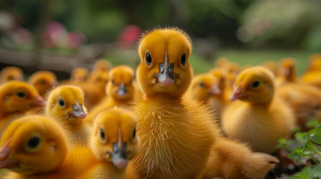 Curious Duckling Flock Close-up - Vivid Wildlife Portrait, Realistic Farm Life Depiction, Perfect for Nature Documentaries and Eco-tourism Promotion