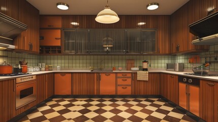 Vintage kitchen cabinets. Stylish vintage kitchen featuring mid-century teak cabinets and unique colors - obrazy, fototapety, plakaty