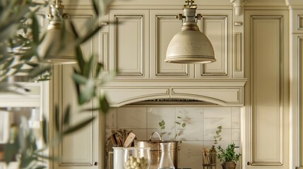 Vintage kitchen cabinets. Classic ivory kitchen cabinets with antique light. Culinary books and utensils create a cozy vibe