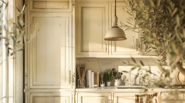 Vintage Kitchen Cabinets. Vintage Ivory Kitchen Cabinets With Antique Light. Culinary Books And Heirloom Utensils Add Timeless Charm