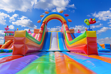 Colorful inflatable slide with arch and blue sky