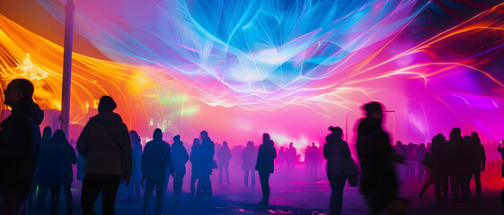 A bustling crowd immersing themselves in an event filled with mesmerizing, abstract light installations - obrazy, fototapety, plakaty