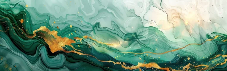 Rideaux occultants Cristaux Soft Green Watercolor Waves with Gold Lines - Abstract Background for Web Design, Banner and Generative AI with Marbled Paper Texture