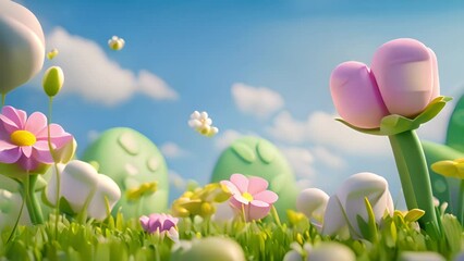 3d Animation cartoon happy spring flowers in blue sky. Fresh Green grass and pastel summer spring landscape Animated background colorful spring flowers. Colorful summer garden with sunlight shining 4k