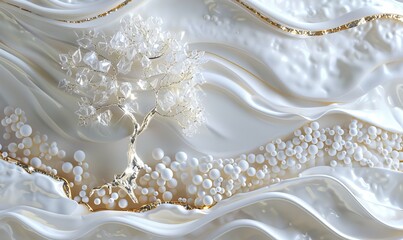 3D Mural wallpaper background relief white and gold wave, 3D Mural wallpaper gold tree high quality AI generated image