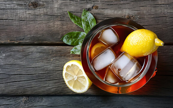 Iced tea with lemon and ice on a wooden background