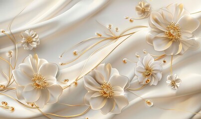 3D mural wallpaper flowers in gold and cream colors, Mural wallpaper flowers high quality AI generated image