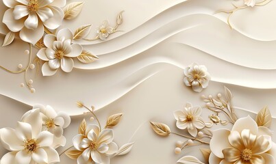 3D mural wallpaper flowers in gold and cream colors, 3D Mural wallpaper high quality AI generated image