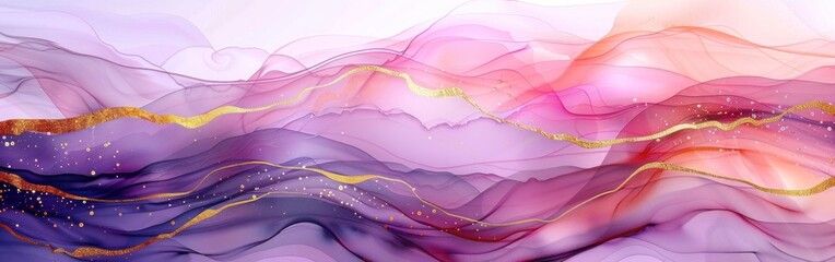 Fluid Waves of Pink and Purple with Golden Lines - Abstract Watercolor Paint Background