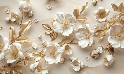 Mural wallpaper flowers in gold and cream colors, 3D Mural wallpaper high quality AI generated image