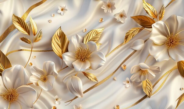 3D mural wallpaper flowers in gold and cream colors, Mural wallpaper flowers high quality AI generated image