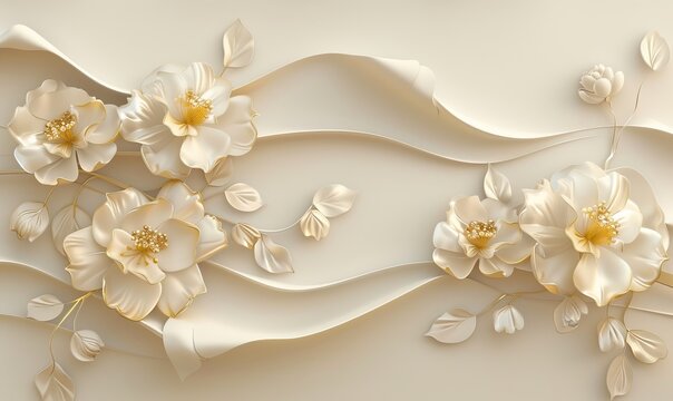 3D mural wallpaper flowers in gold and cream colors, 3D Mural wallpaper high quality AI generated image