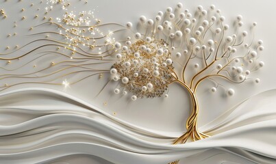 3D wallpaper white and gold tree life, 3D mural wallpaper gold tree and white circles high quality AI generated image