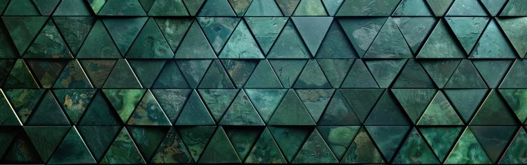 Fotobehang Dark Green Triangular Mosaic Tile Texture with Geometric Fluted Triangles - Abstract Wallpaper Background Banner © hisilly