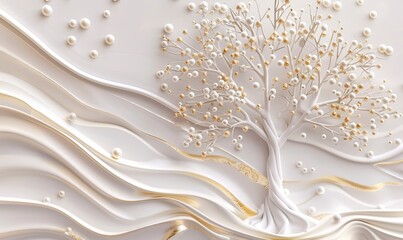 3D wallpaper white and gold tree life, 3D mural wallpaper gold tree and white circles high quality AI generated image - Powered by Adobe