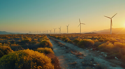 A dirt road winds through a grassy field of wind turbines at sunset, creating a picturesque scene of natural beauty and renewable energy