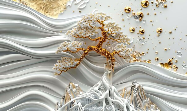 3D wallpaper white and gold background with wave, 3D mural wallpaper gold tree high quality AI generated image