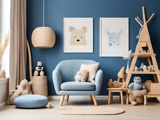 Minimalist composition of kid room interior with copy space, mock up poster frame, blue armchair, wooden sideboard, beige rug plush toys, wooden blockers and personal accessories. Home decor. Template