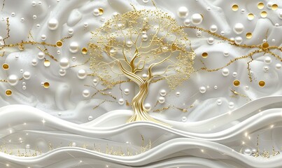 3D wallpaper with gold tree life white pearl and flowers, 3D mural wallpaper high quality AI generated image