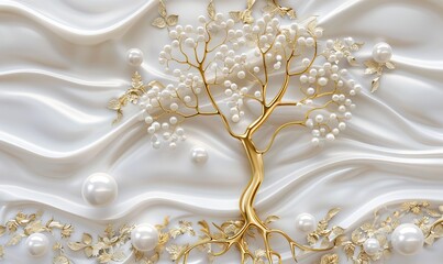 3D wallpaper with gold tree life white pearl and flowers, 3D mural wallpaper high quality AI generated image