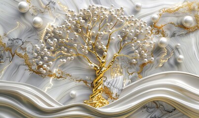 3D wallpaper with gold tree life white pearl and flowers, 3D mural wallpaper high quality AI generated image