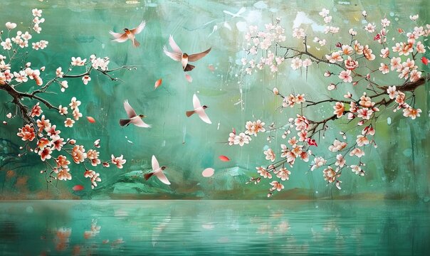 Fototapeta Mural wallpaper with pigeon, bird and sakura flowers high quality AI generated image