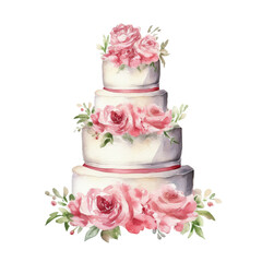 Wedding Cake With Pink Flowers Watercolor Painting