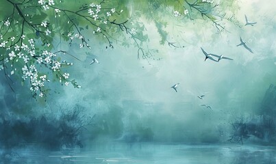 Chinese style oil painting with light blue background, Mural wallpaper high quality AI generated image