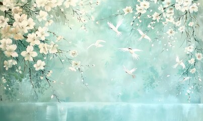 Chinese style oil painting with light blue background, Mural wallpaper high quality AI generated image
