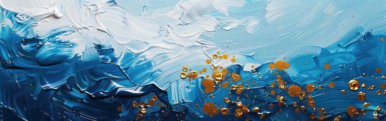 Rough Blue and Gold Abstract Art with Oil Brushstrokes and Dotted Blobs on Canvas Texture