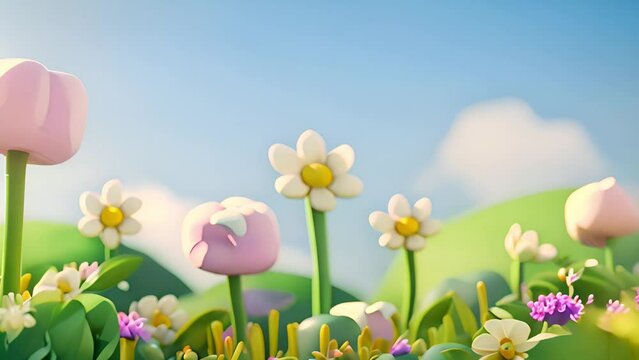 3d Animation cartoon happy spring flowers in blue sky. Fresh Green grass and pastel summer spring landscape Animated background colorful spring flowers. Colorful summer garden with sunlight shining 4k