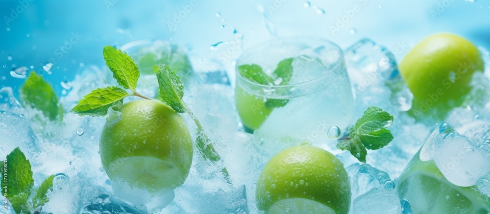 Aufkleber mint leaves and green apples are sinking into the liquid, creating ice cubes. this event combines th