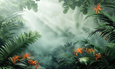 Tropical jungle with lush green palm leaves, Mural wallpaper high quality AI generated image