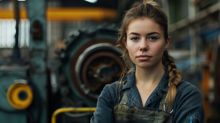Fototapeta na wymiar portrait of young woman mechanic in a workshop