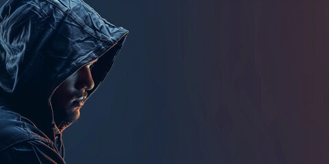 Portrait of hooded thief or burglar on the left side isolated on the dark blue and black background with copy space