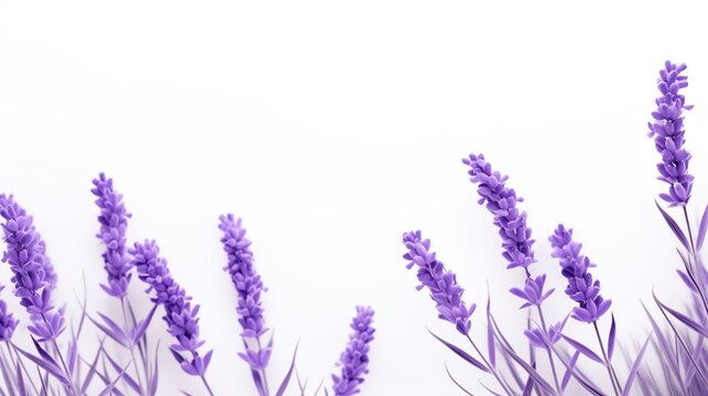 Beautiful lavender flowers with green leaves on soft artistic image isolated on white background.