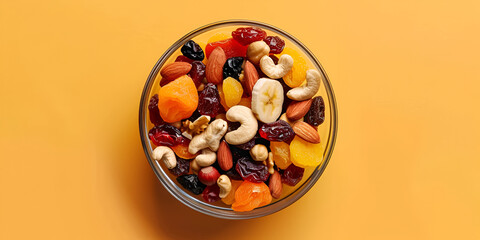 concept of healthy food Bowl with mixed dried fruits and nuts on white background closeup.AI Generative - obrazy, fototapety, plakaty