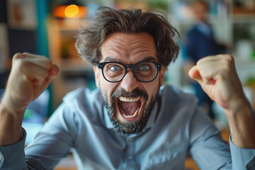 portrait of happy businessman celebrating his success