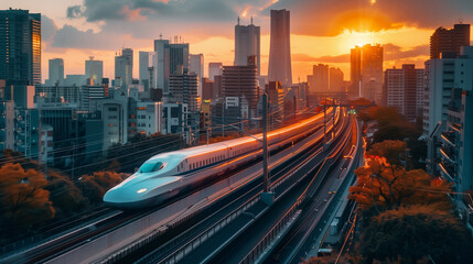 futuristic train with city background