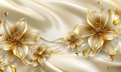 golden luxurious flowers on a light background wallpaper. AI generated illustration