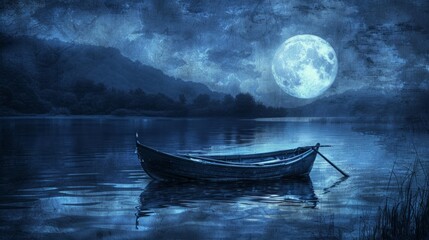 Boat Floating on Lake Under Full Moon