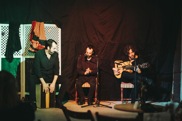 Flamenco music group performing song on stage