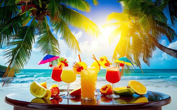 Tropical drinks on table with palm trees in background