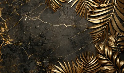 Golden fern leafs, palm frond on marble background. Trendy creative design. AI generated illustration
