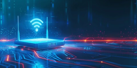 Wifi router isolated on the abstract blue background with icon wifi over them, internet concept