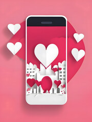 Paper-cut, romantic couple love with hearts in mobile on valentine or wedding day. Couple in love, heart expression of card. Illustration, flat design.