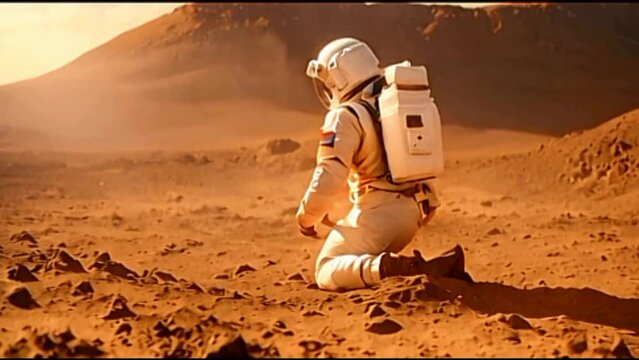 An Astronaut collecting Mars soil sample