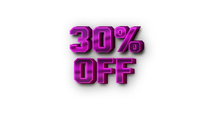30% discount. 3D icon background, purple. Thirty percent